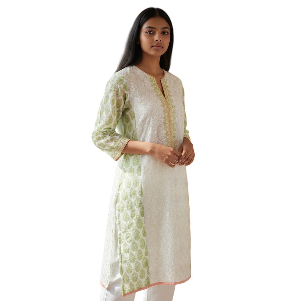 Sana Safinaz Green & Gold Embroidered Kurta Sheer Tunic Top Medium